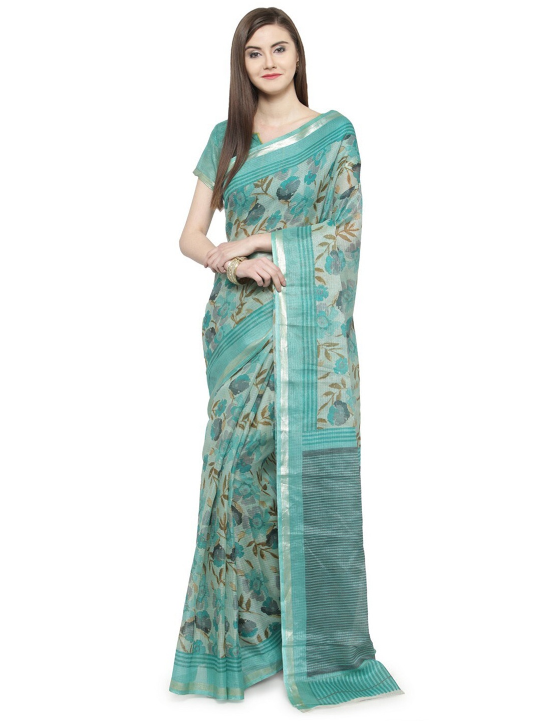 

HRITIKA Floral Printed Zari Saree, Turquoise blue