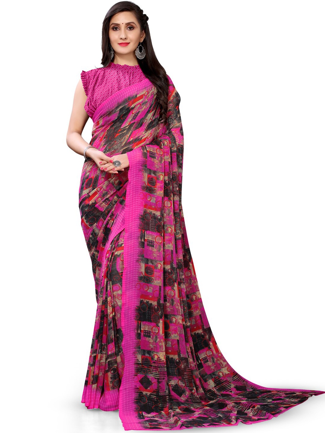 

HRITIKA Abstract Printed Saree, Pink