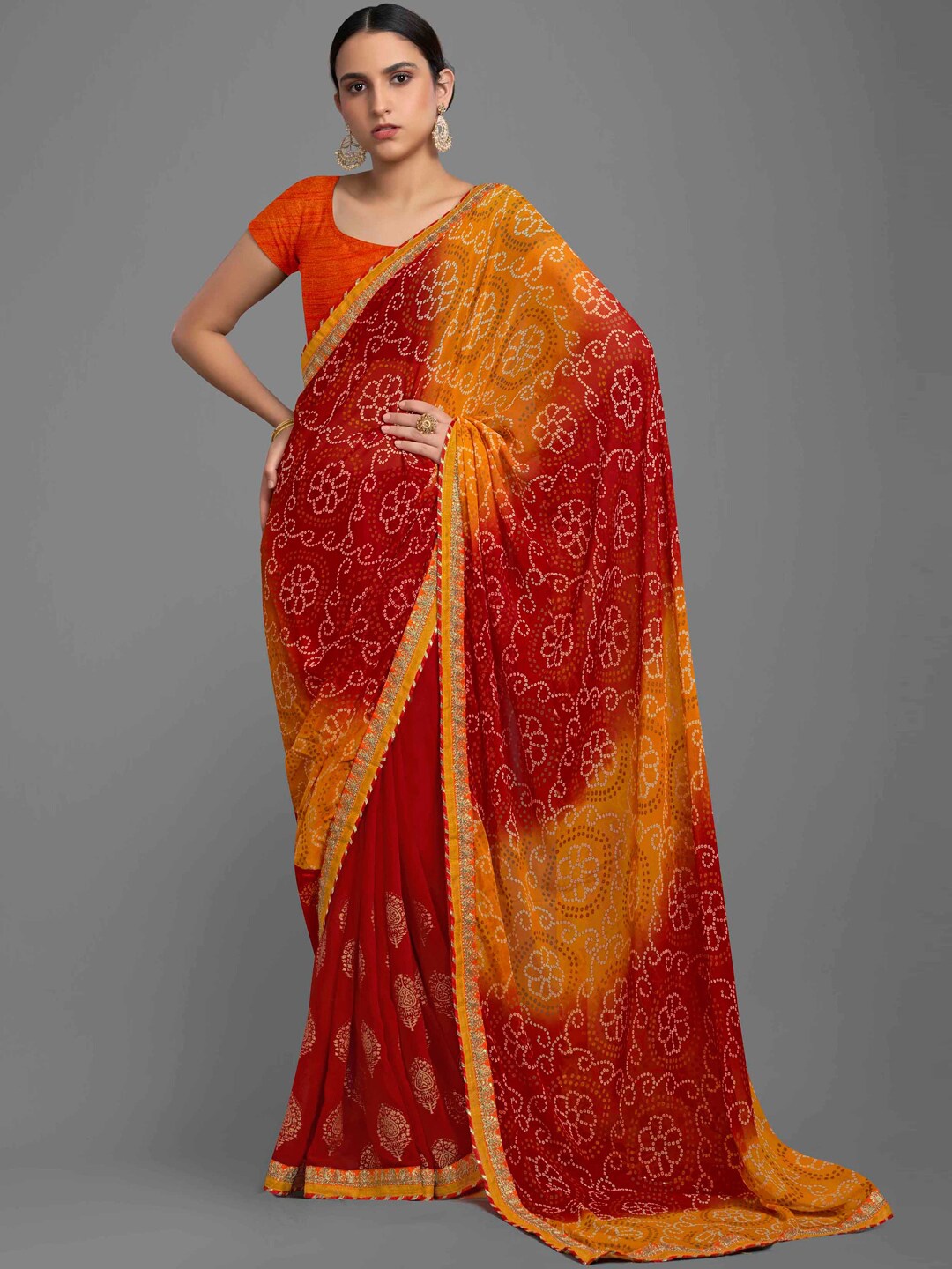 

HRITIKA Bandhani Printed Embroidered Saree, Red