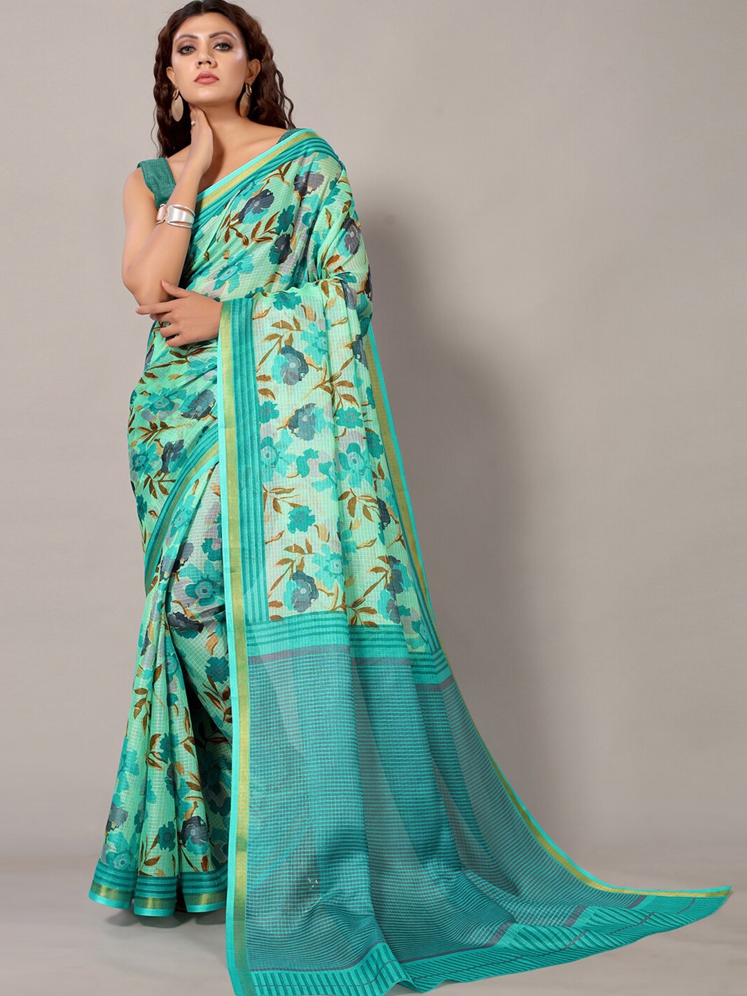 

HRITIKA Floral Printed Zari Saree, Turquoise blue