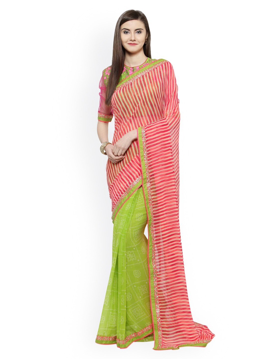 

HRITIKA Leheriya Printed Embroidered Saree, Green