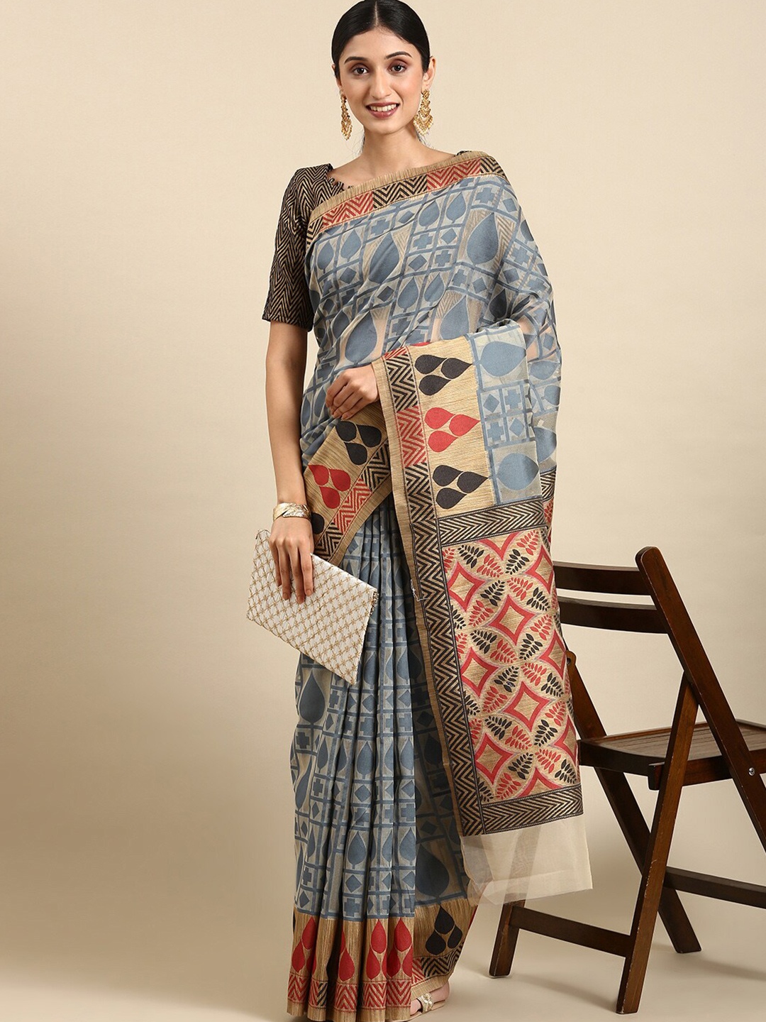 

HRITIKA Geometric Printed Woven Design Saree, Grey