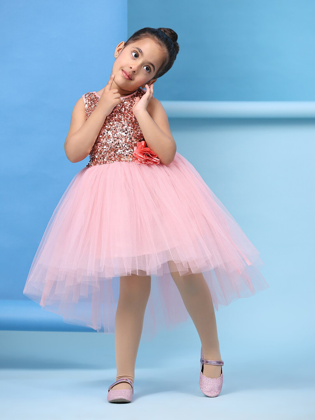 

Toy Balloon kids Girls Sequined Embellished Net Fit & Flare Dress, Peach