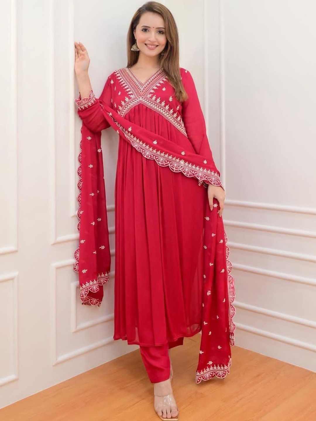 

KALINI Ethnic Motifs Embroidered Thread Work Empire Kurta With Trousers & Dupatta, Red