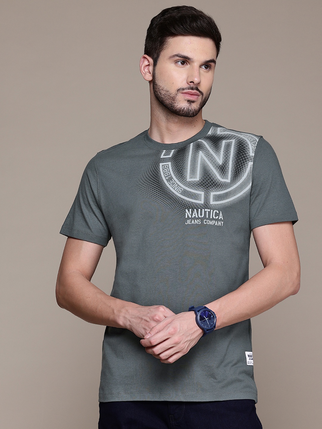 

Nautica Brand Logo Printed Pure Cotton T-shirt, Grey