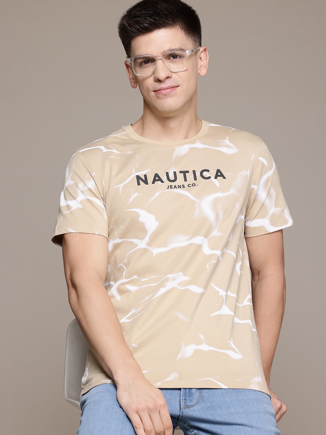 

Nautica Men Printed Pure Cotton T-shirt, Beige