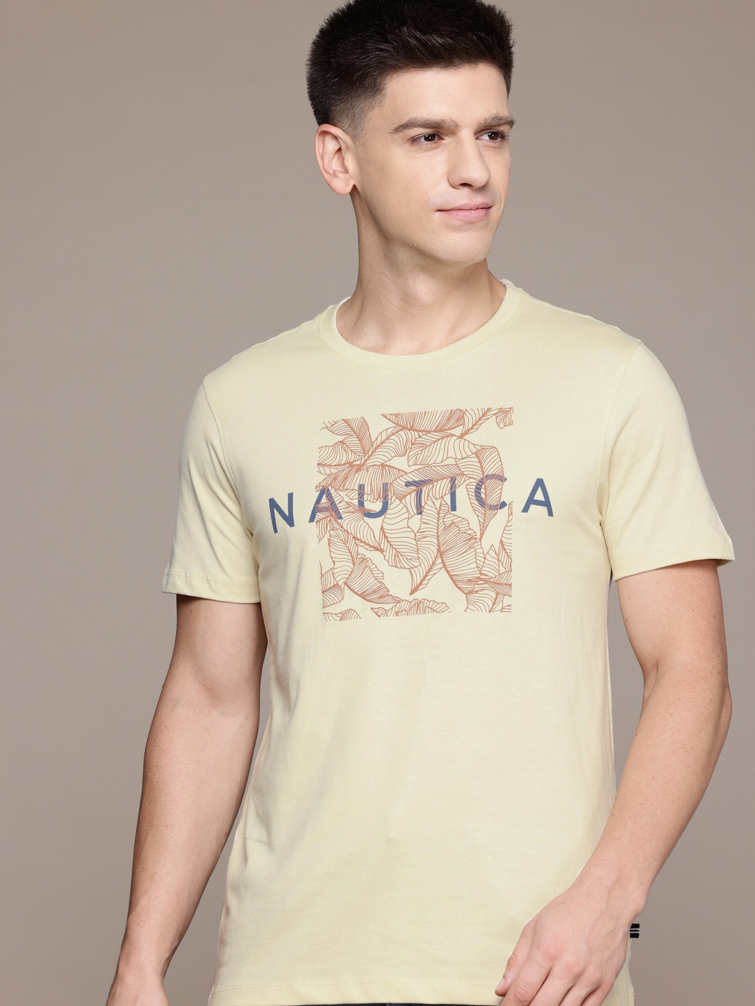 

Nautica Men Brand Logo Printed Pure Cotton T-shirt, Cream