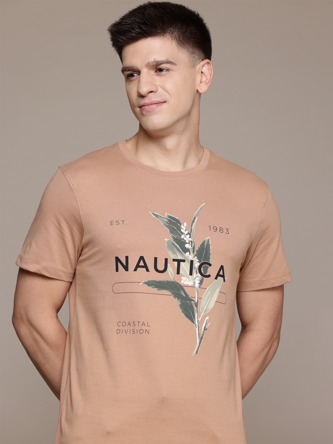 

Nautica Men Brand Logo Printed Pure Cotton T-shirt, Peach