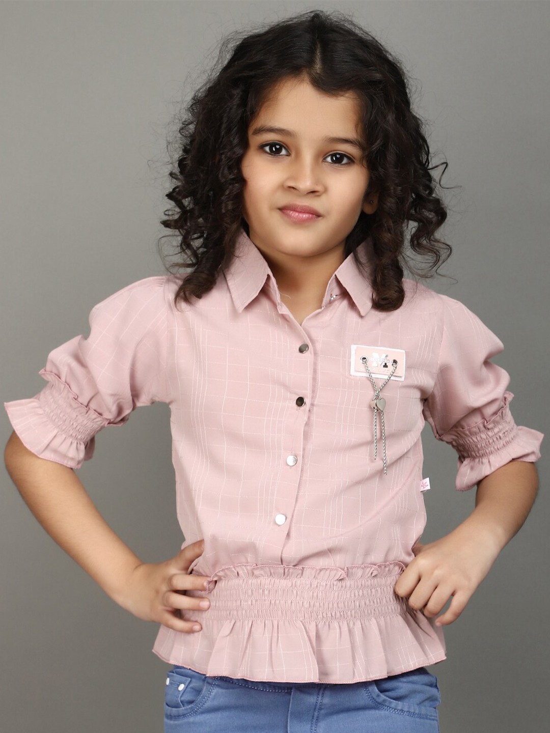 

V-Mart Shirt Collar Puff Sleeve Georgette Shirt Style Top, Pink
