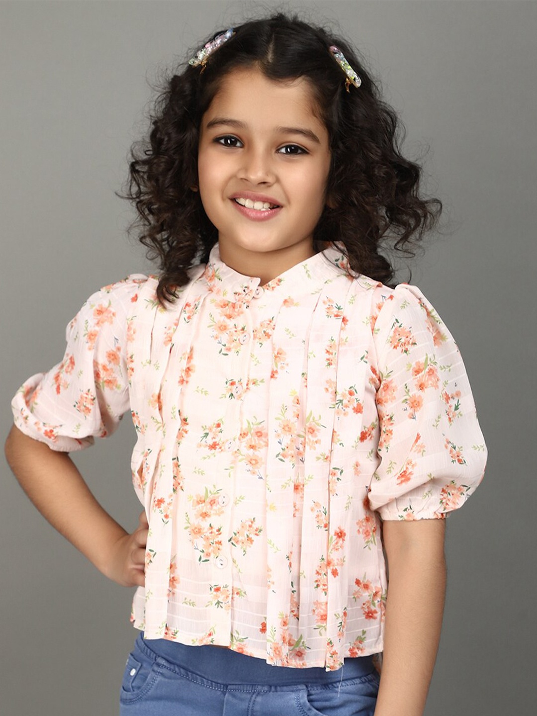 

V-Mart Girls Floral Printed Mandarin Collar Puff Sleeve Cotton Top, Pink