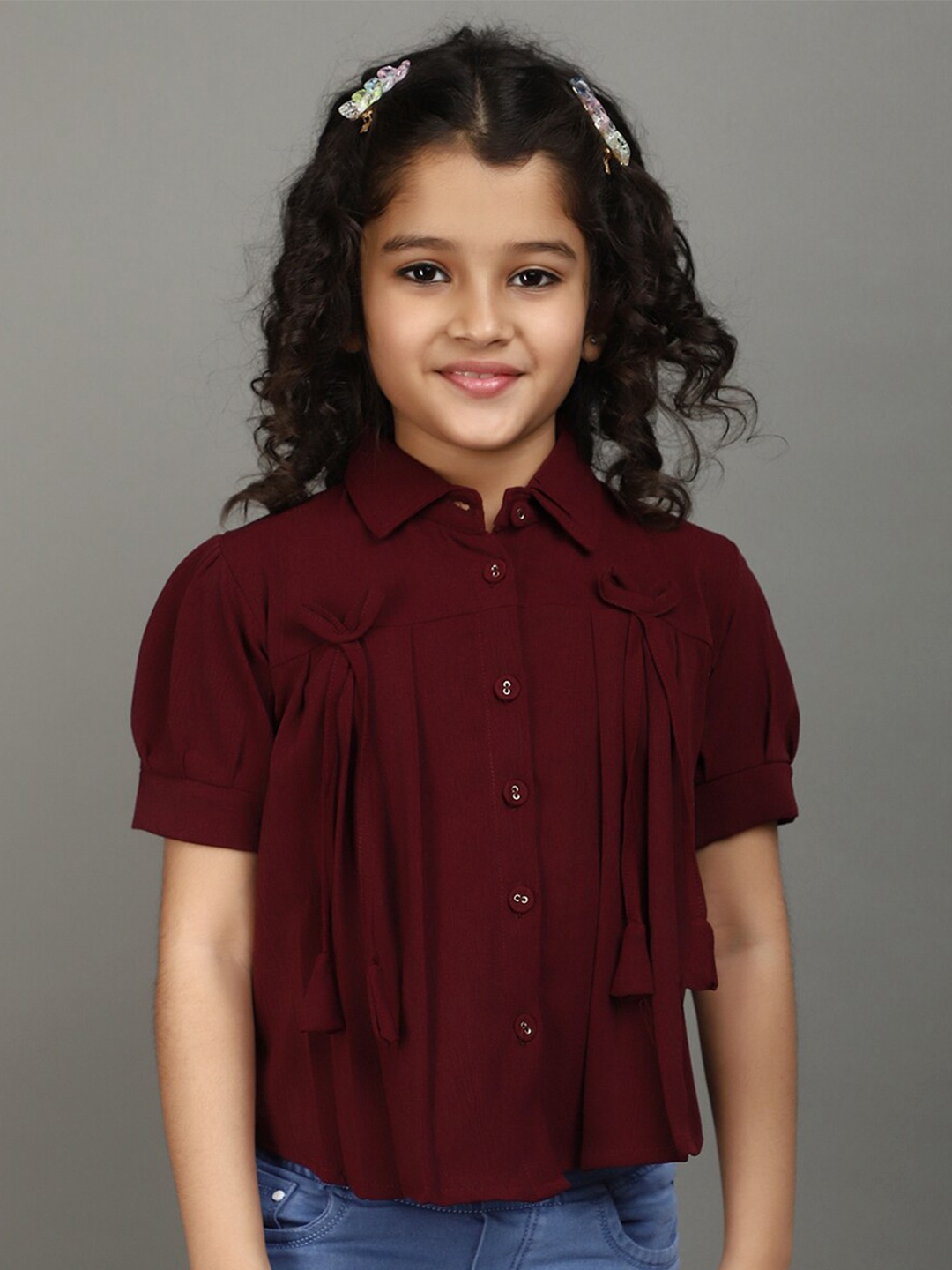 

V-Mart Shirt Collar Short Puff Sleeves Georgette Shirt Style Top, Maroon