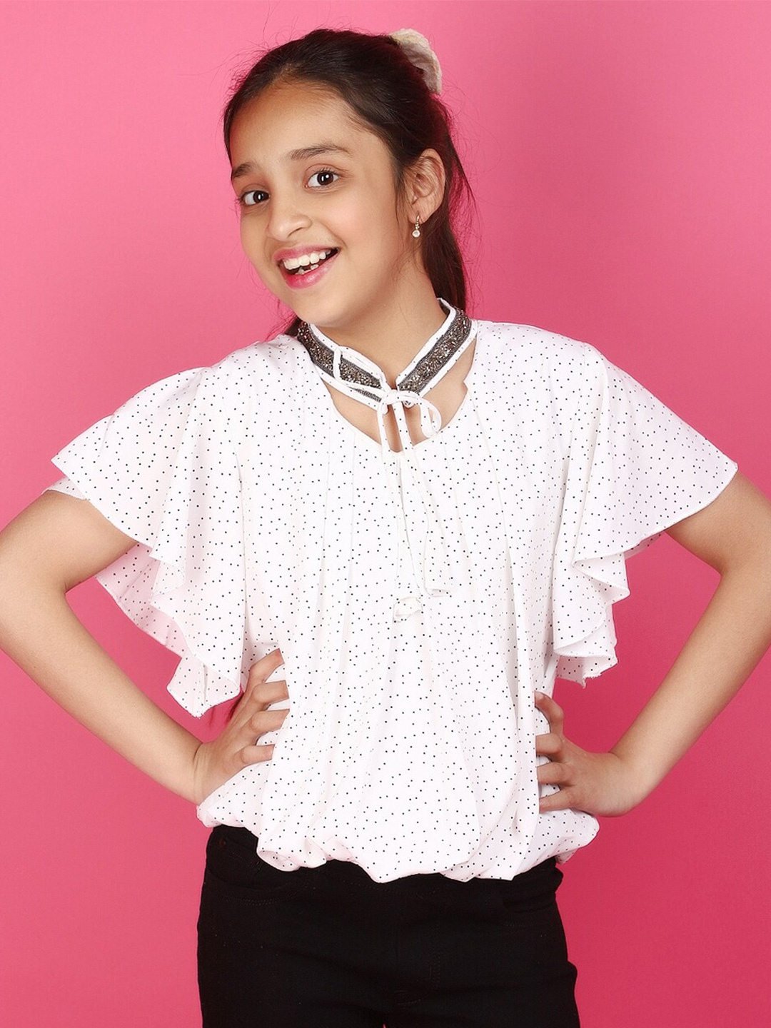 

V-Mart Girls Polka Dot Printed Tie-Up Neck Flared Sleeves Blouson Top, White