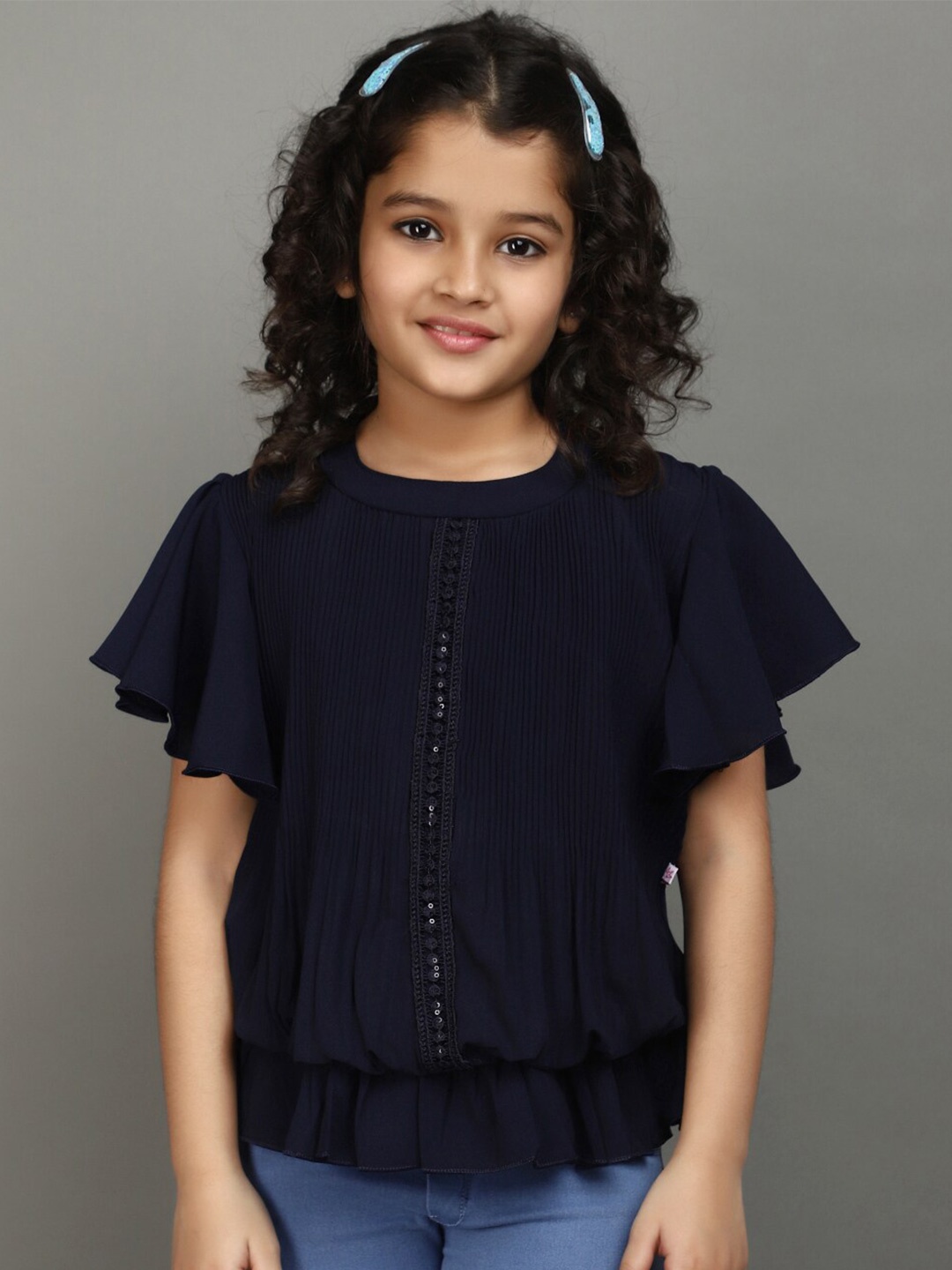 

V-Mart Girls Striped Round Neck Flutter Sleeves Blouson Top, Blue
