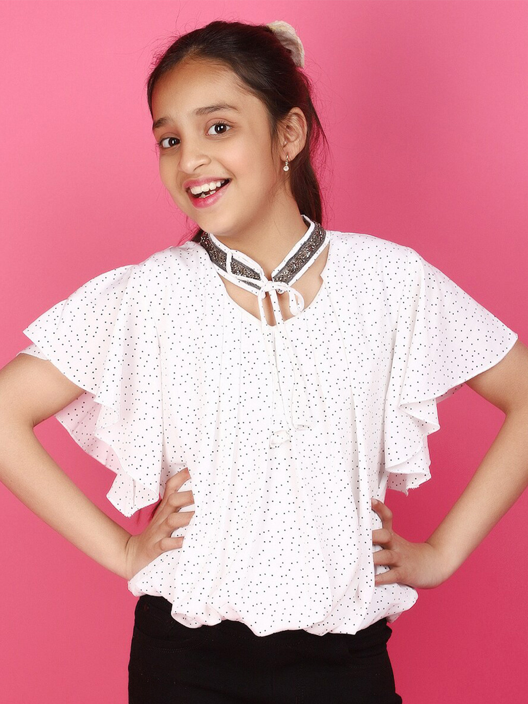

V-Mart Girls Tie Up Neck Extended Sleeves Polka Dot Print Georgette Blouson Top, White