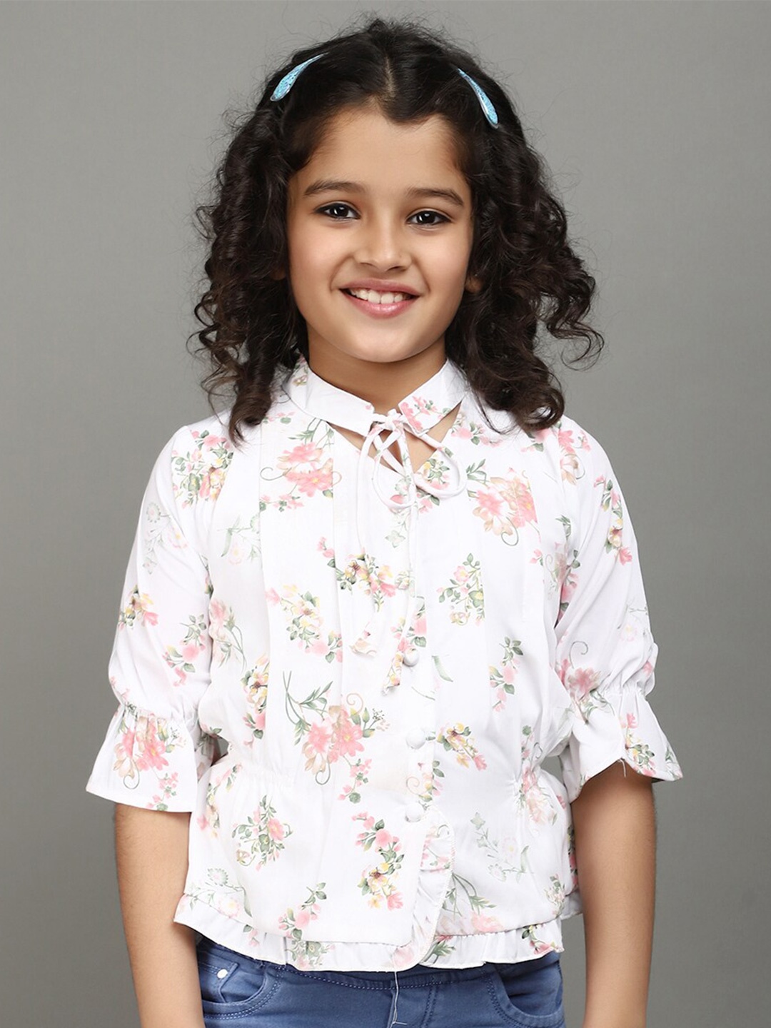 

V-Mart Tip Up Neck Floral Print Bell Sleeve Georgette Top, White