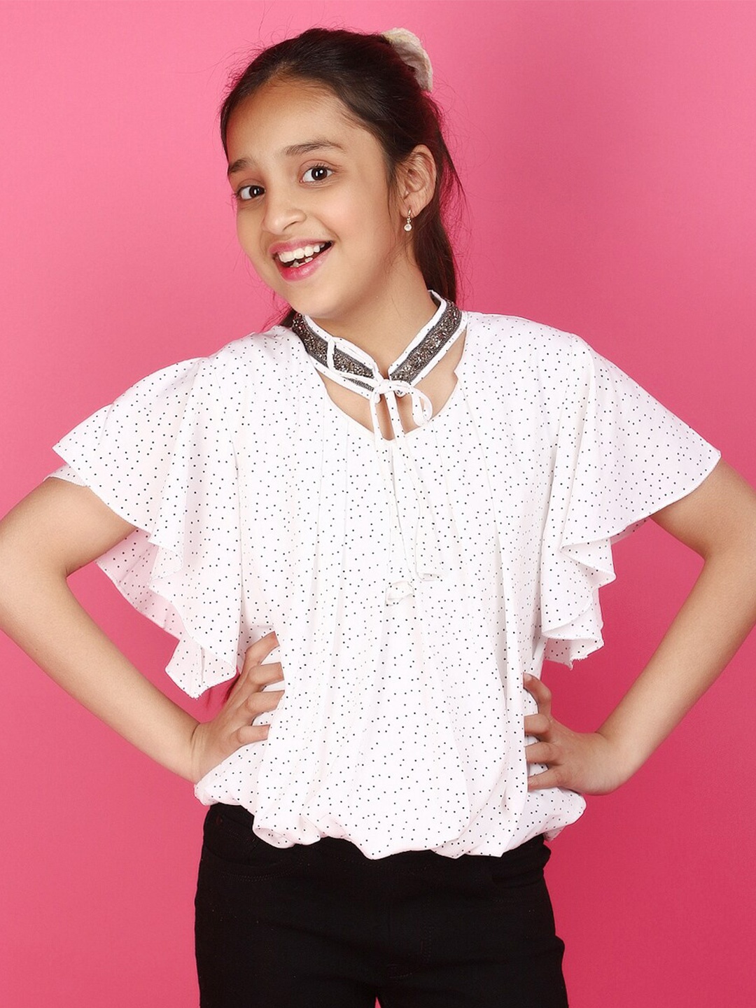 

V-Mart Girls Polka Dot Printed Tie-Up Neck Flared Sleeves Blouson Top, White