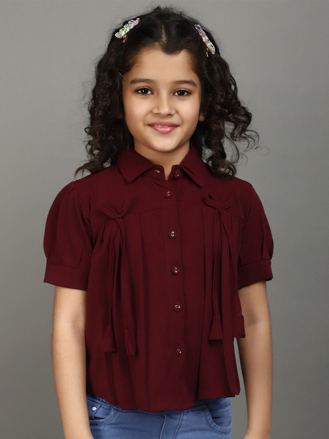 

V-Mart Shirt Collar Puff Sleeve Georgette Shirt Style Top, Maroon