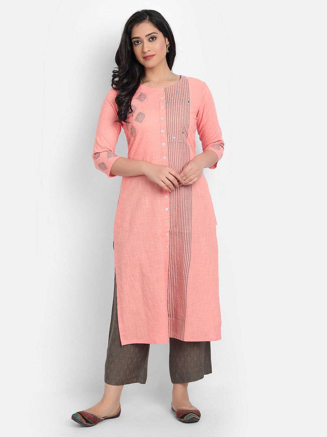 

SUTI Printed Round Neck Mirror Work Cotton Straight Kurta, Peach