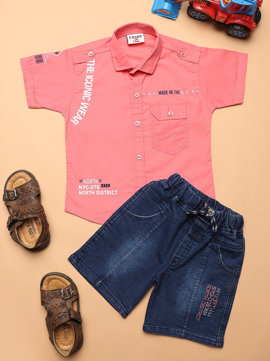 

V-Mart Boys Printed Pure Cotton Shirt With Denim Shorts, Pink