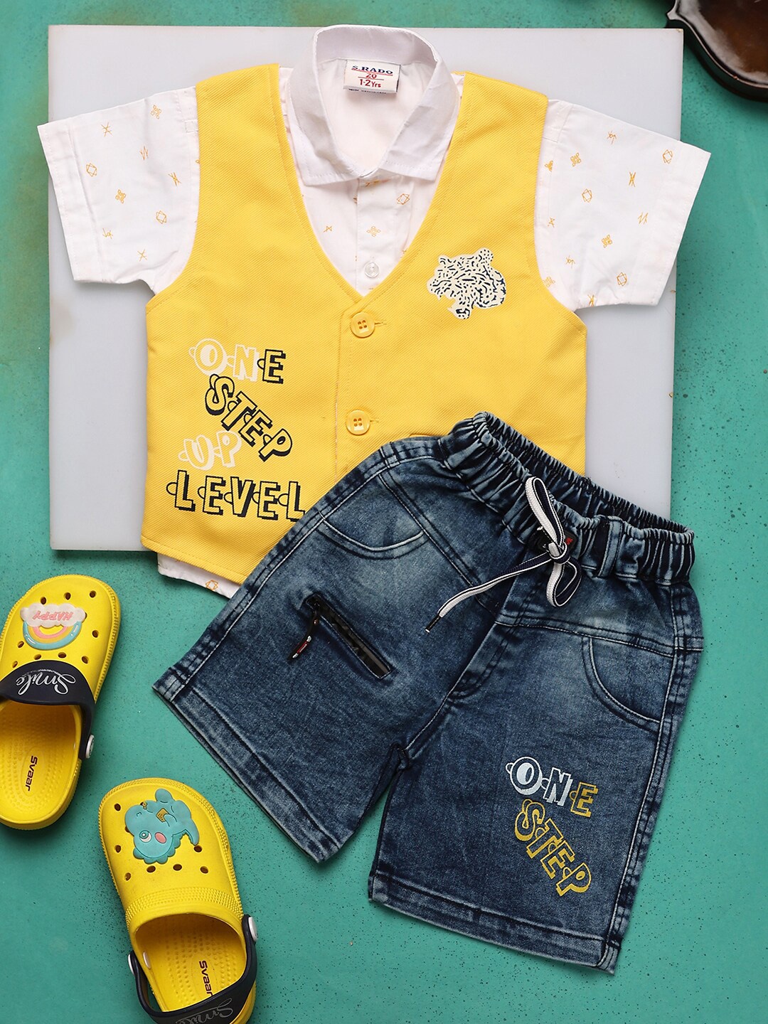 

V-Mart Boys Printed Pure Cotton Shirt with Shorts & Waistcoat, Yellow