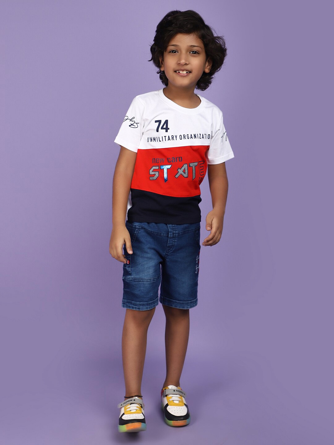 

V-Mart Boys Printed Pure Cotton T-shirt with Denim Shorts, White