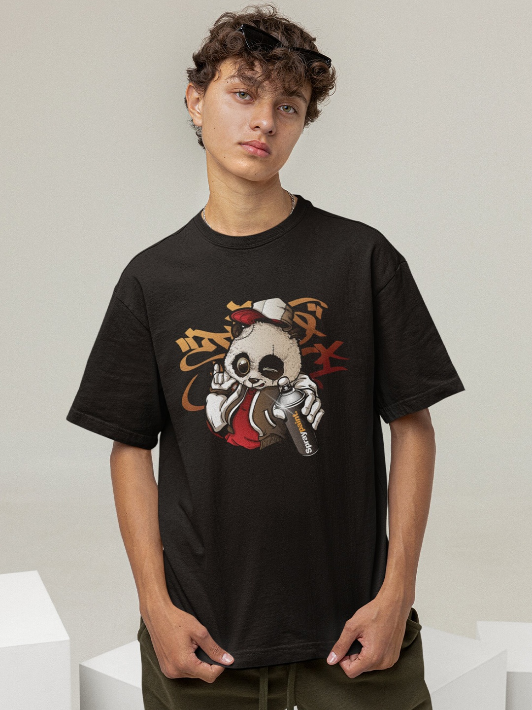 Calm Down Graphic Printed Drop-Shoulder Oversized T-shirt, Black