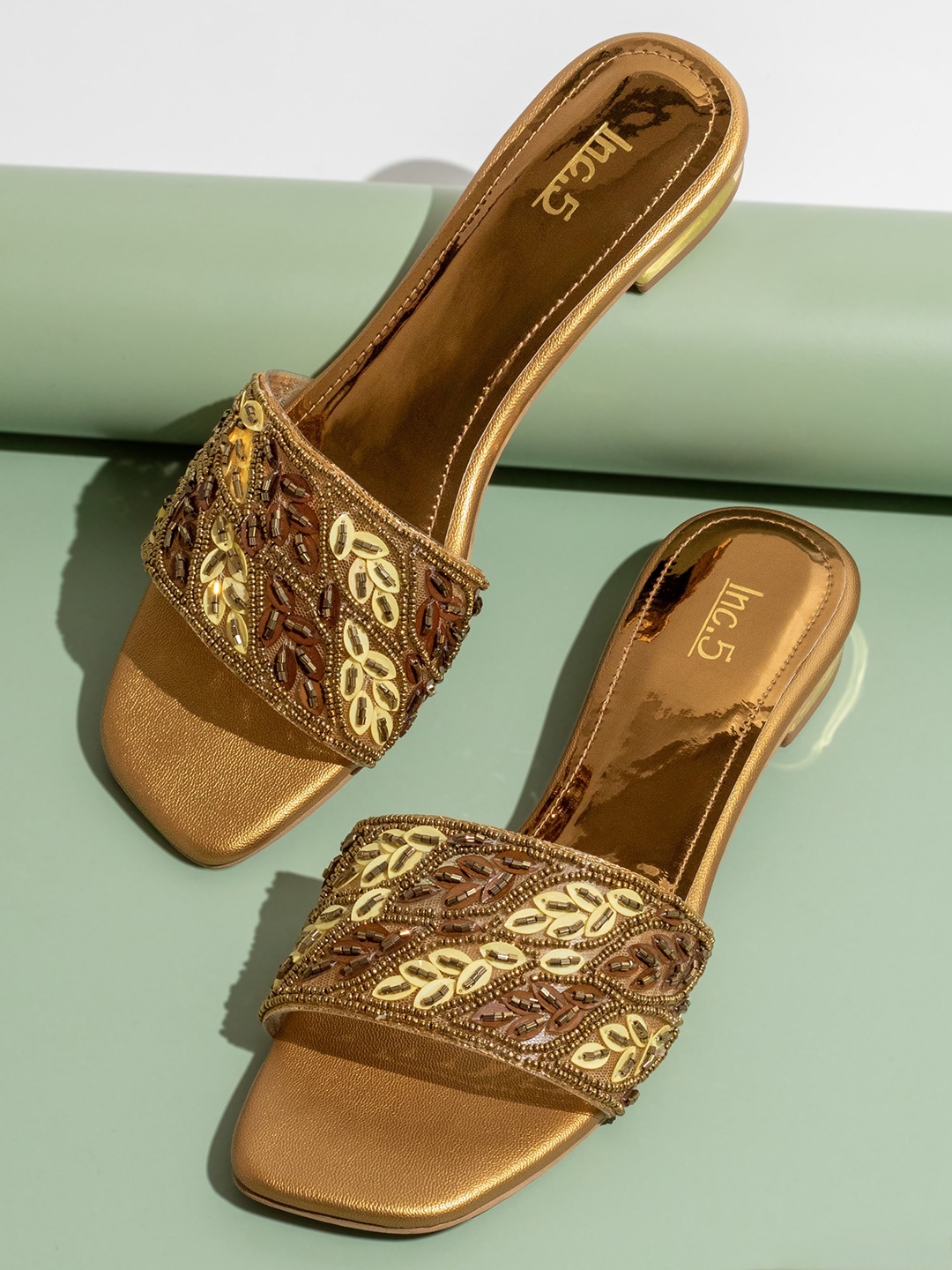 

Inc 5 Embellished Open Toe Flats, Gold