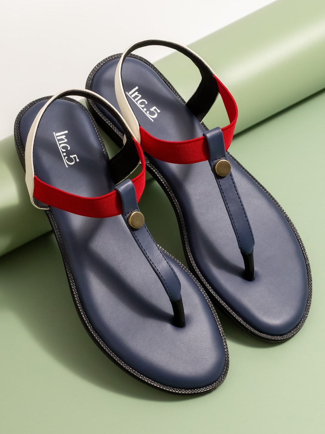 

Inc 5 Colourblocked T-Strap Flats, Navy blue