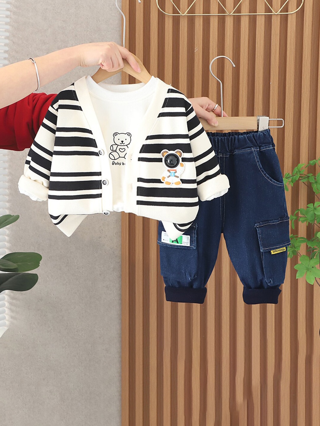 

INCLUD Infant Boys Printed T-shirt with Striped Cardigan and Denim Trousers, White