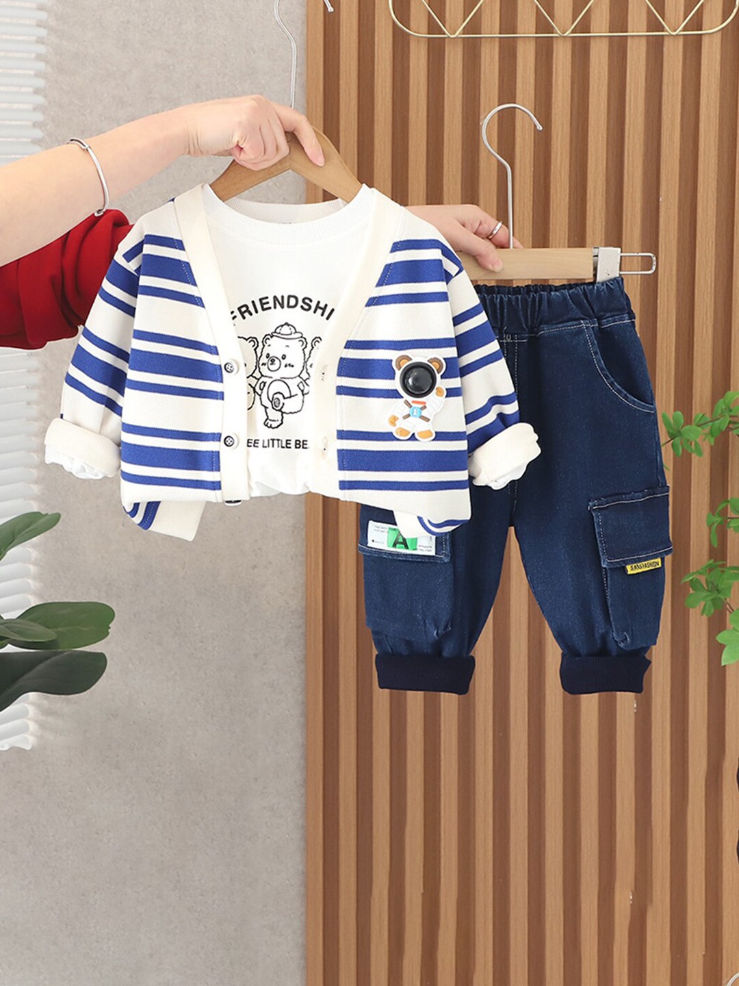 

INCLUD Infant Boys Printed T-shirt with Striped Cardigan and Denim Trousers, Blue