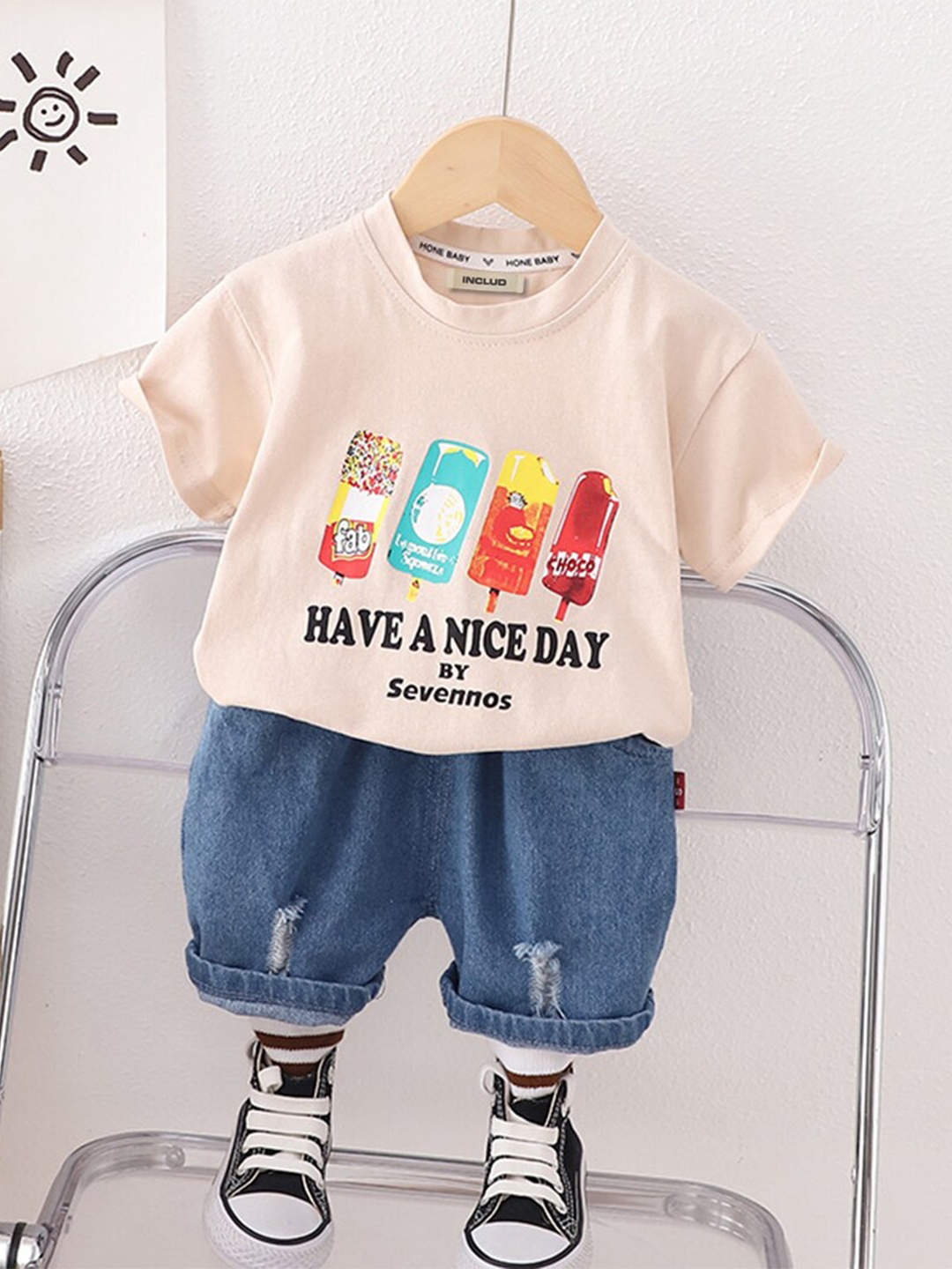 

INCLUD Boys Typography Printed T-shirt with Shorts, Beige