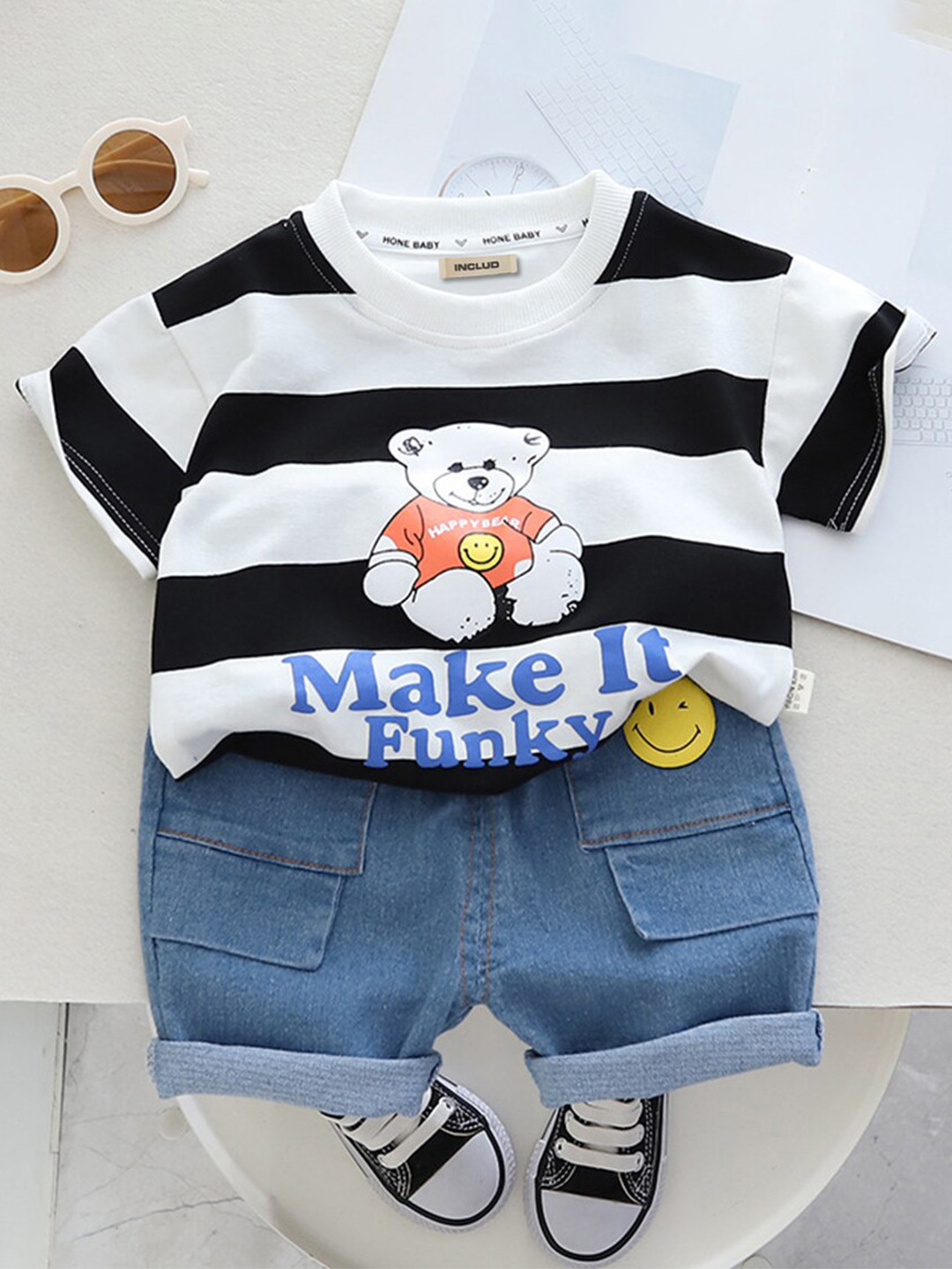 

INCLUD Boys Striped Top with Shorts, Black