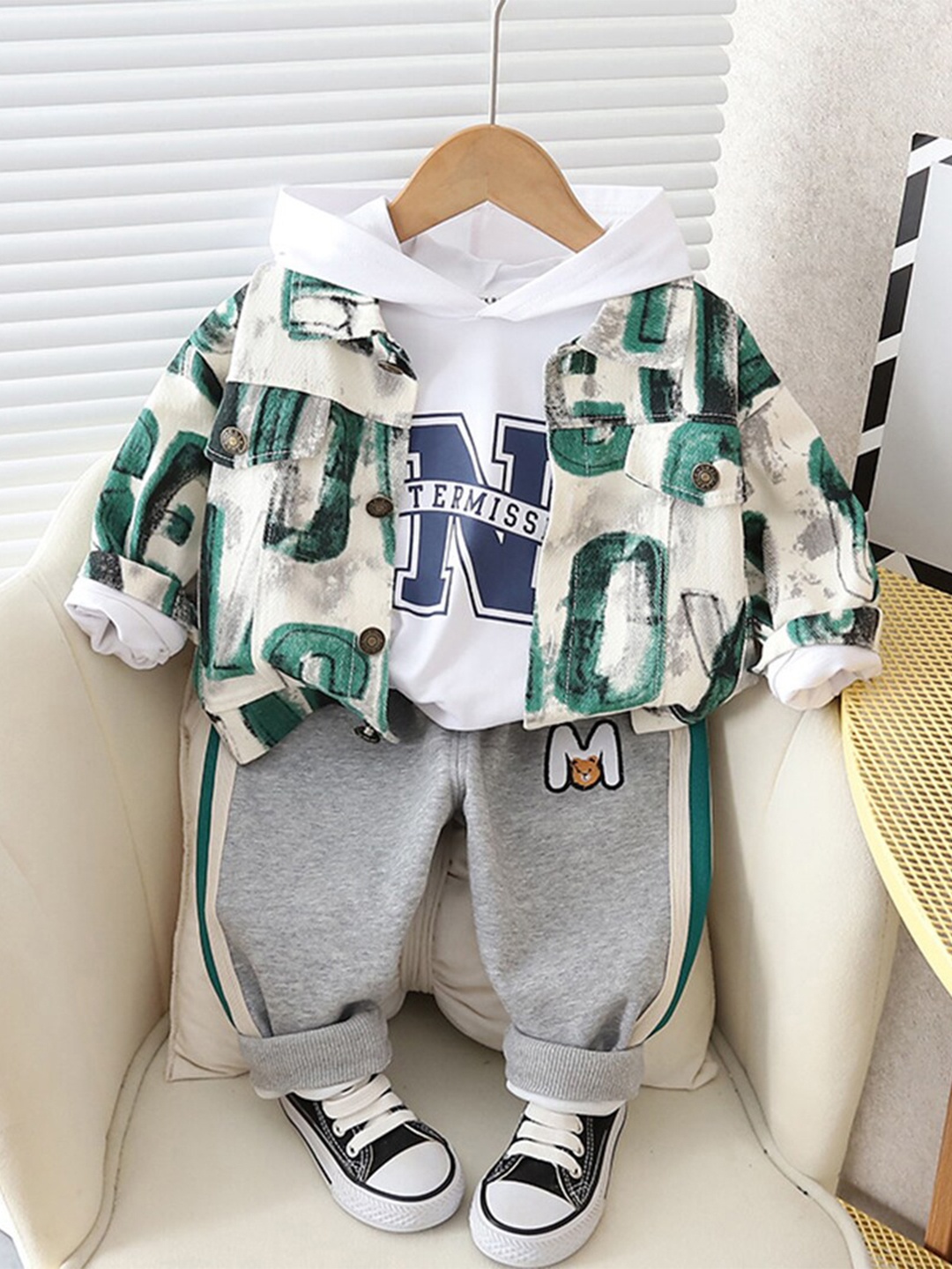 

INCLUD Boys Typography Printed Hooded T-shirt and Shirt with Trousers, Green