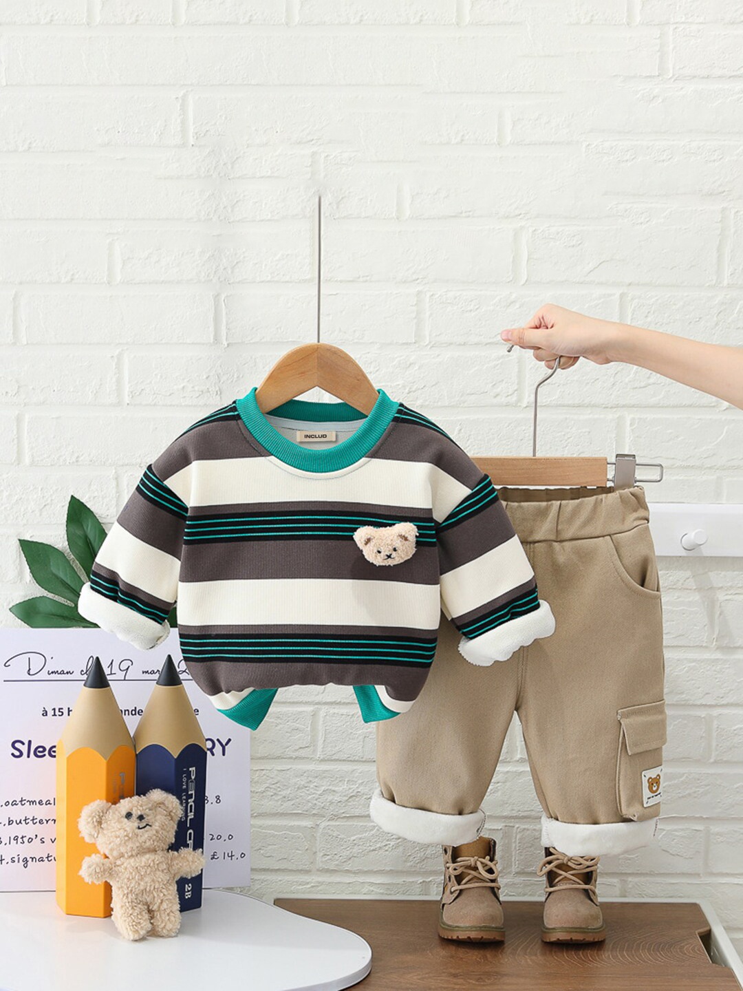 

INCLUD Boys Striped Top with Trousers, Green