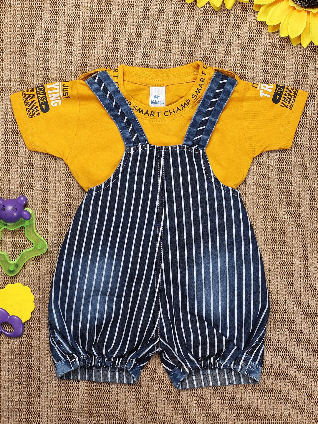 

V-Mart Infants Striped Pure Cotton T-shirt with Trousers, Mustard