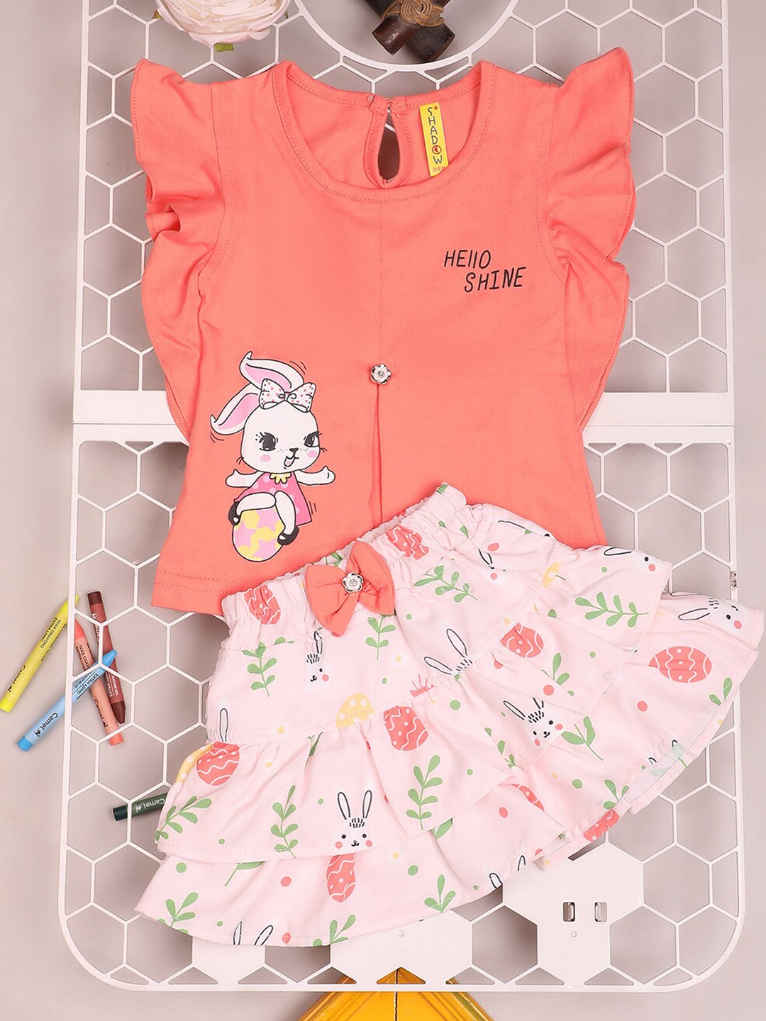 

V-Mart Infant Girls Printed Pure Cotton Top with Skirt, Orange