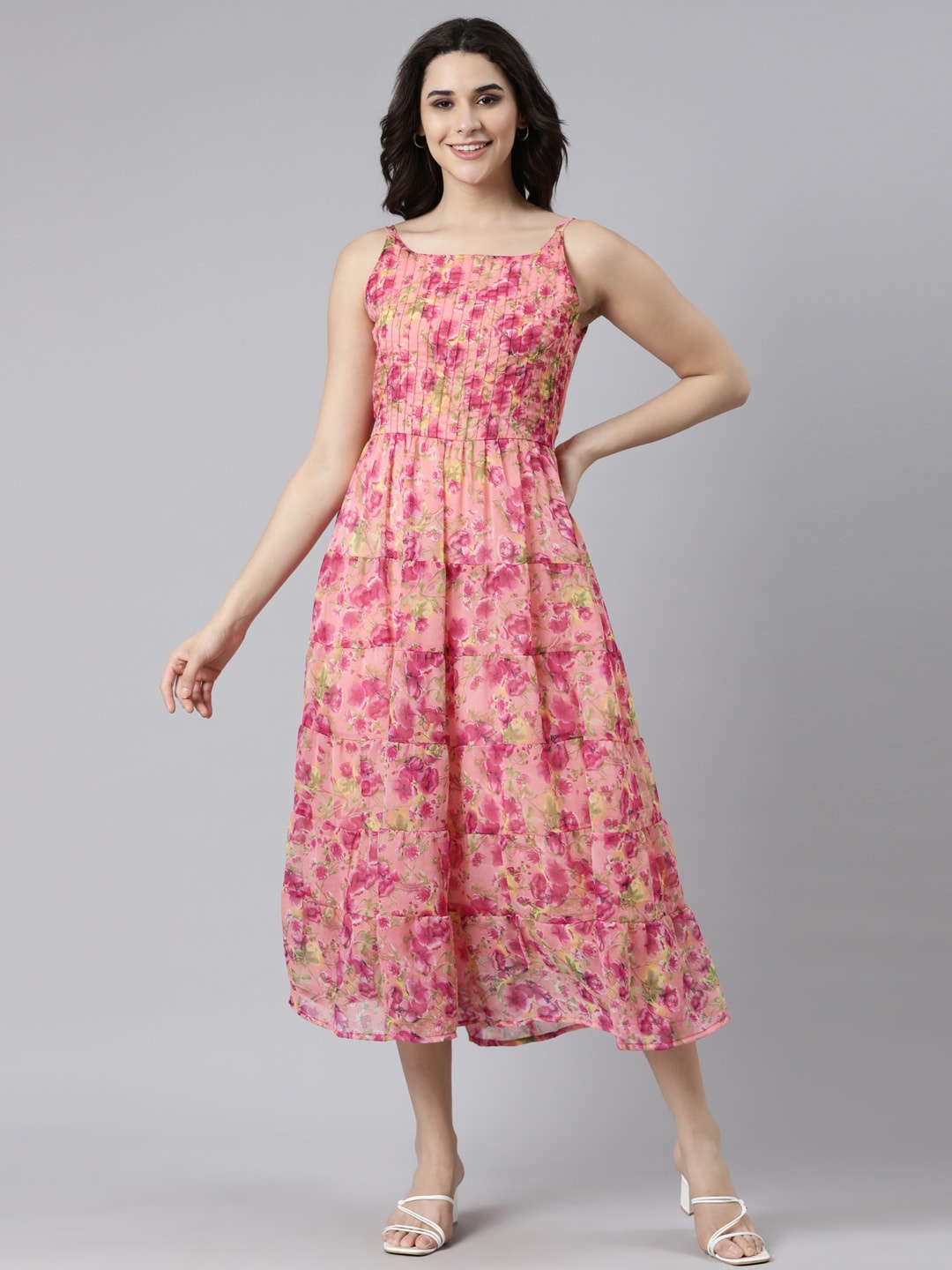 

Souchii Floral Printed Tiered A-Line Dress, Pink