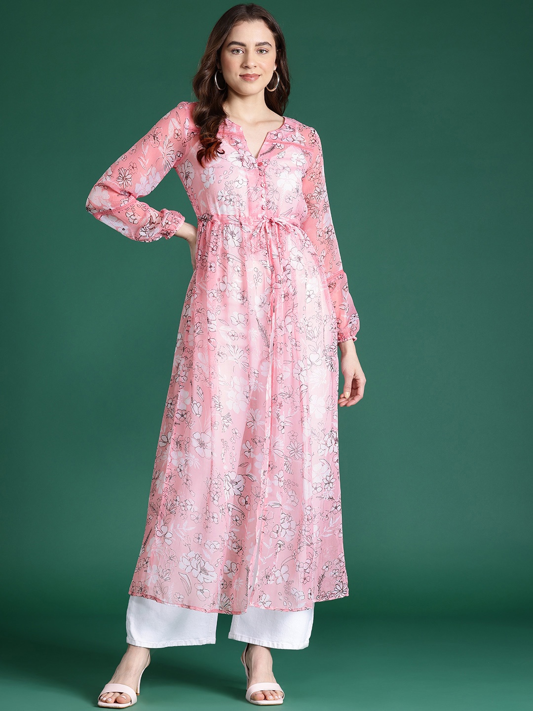 

DressBerry Floral Print Puff Sleeve Maxi Longline Top, Pink