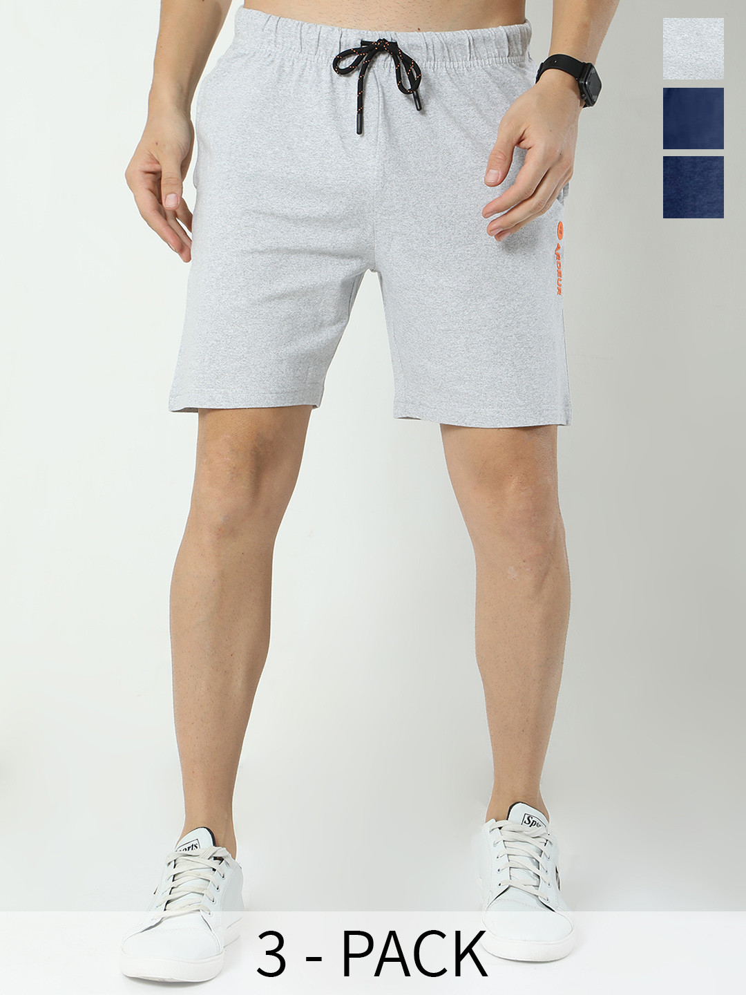

ARDEUR Men Pack Of 3 Mid-Rise Cotton Sports Shorts, Grey melange
