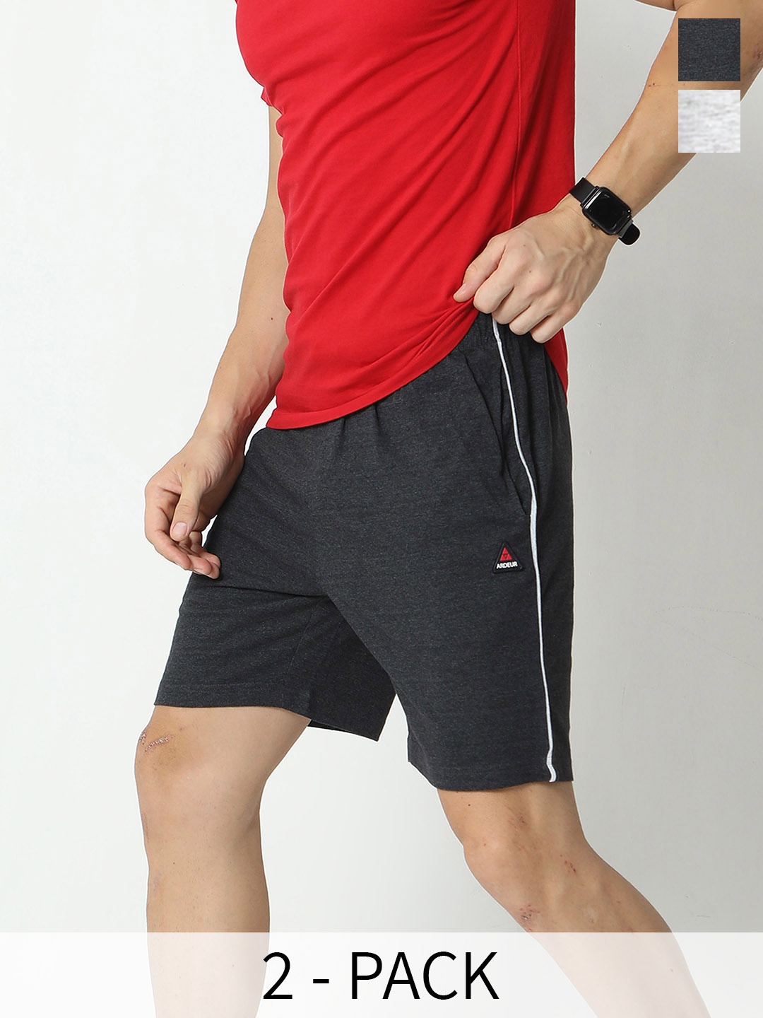 

ARDEUR Men Pack Of 2 Mid-Rise Cotton Sports Shorts, Charcoal