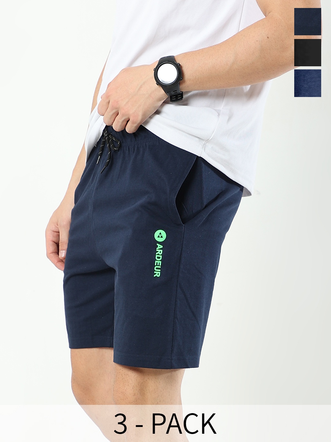 

ARDEUR Men Pack Of 3 Mid-Rise Cotton Sports Shorts, Black
