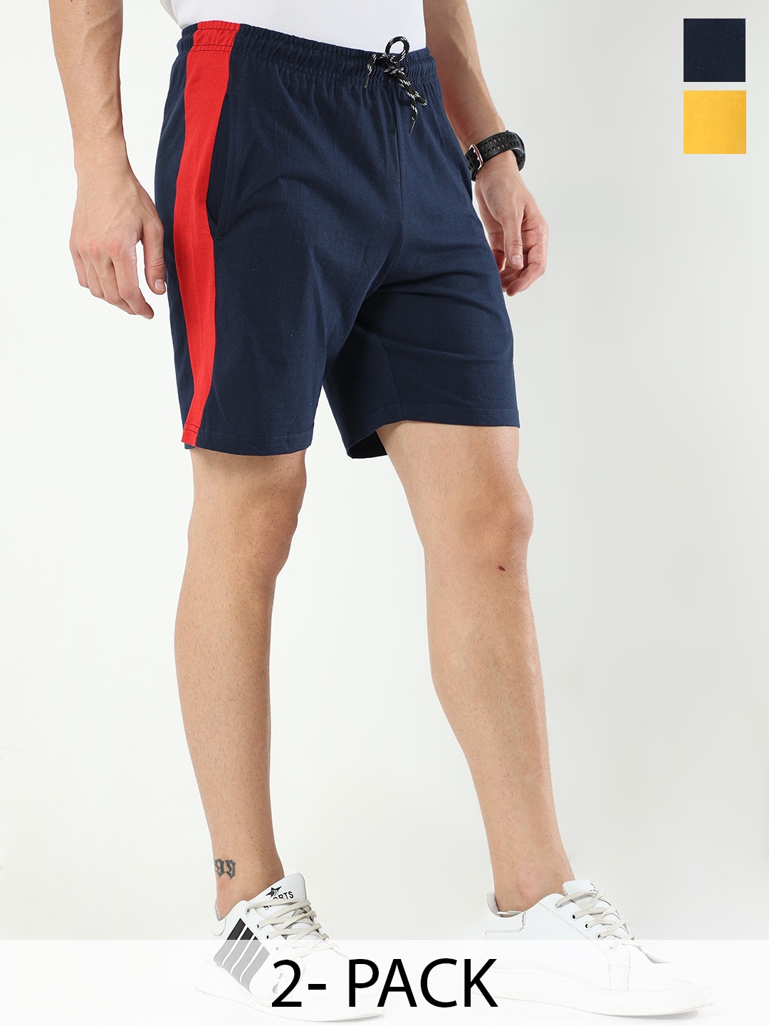 ARDEUR Men Pack Of 2 Mid-Rise Cotton Sports Shorts, Navy blue