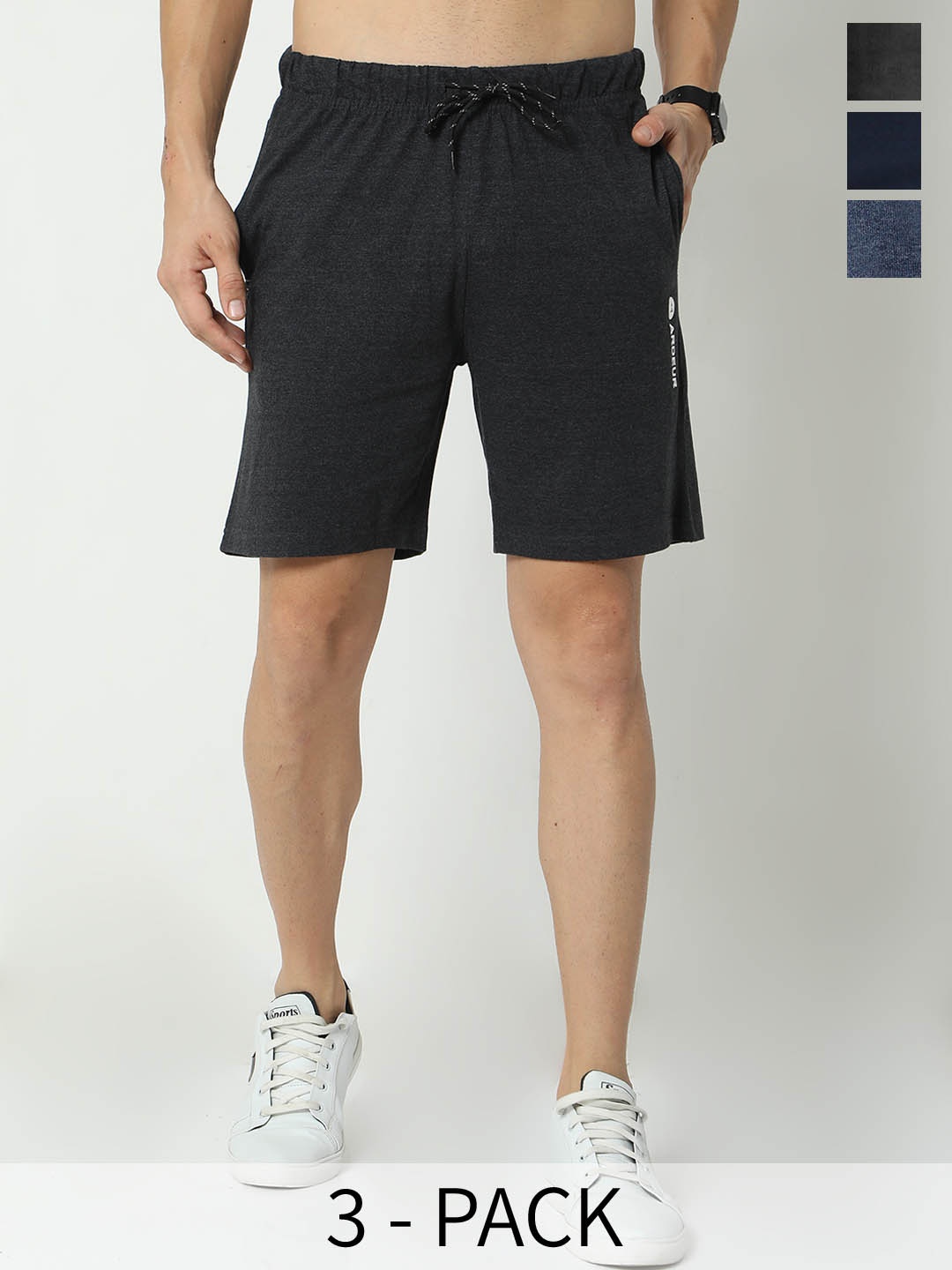 

ARDEUR Men Pack Of 3 Mid-Rise Cotton Sports Shorts, Blue