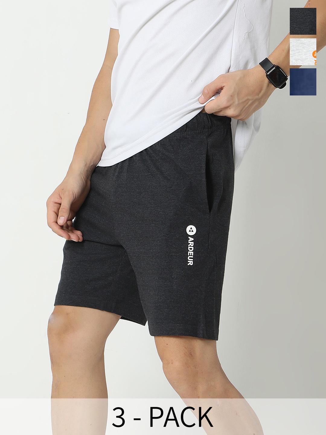 

ARDEUR Men Pack Of 3 Mid-Rise Cotton Sports Shorts, Charcoal