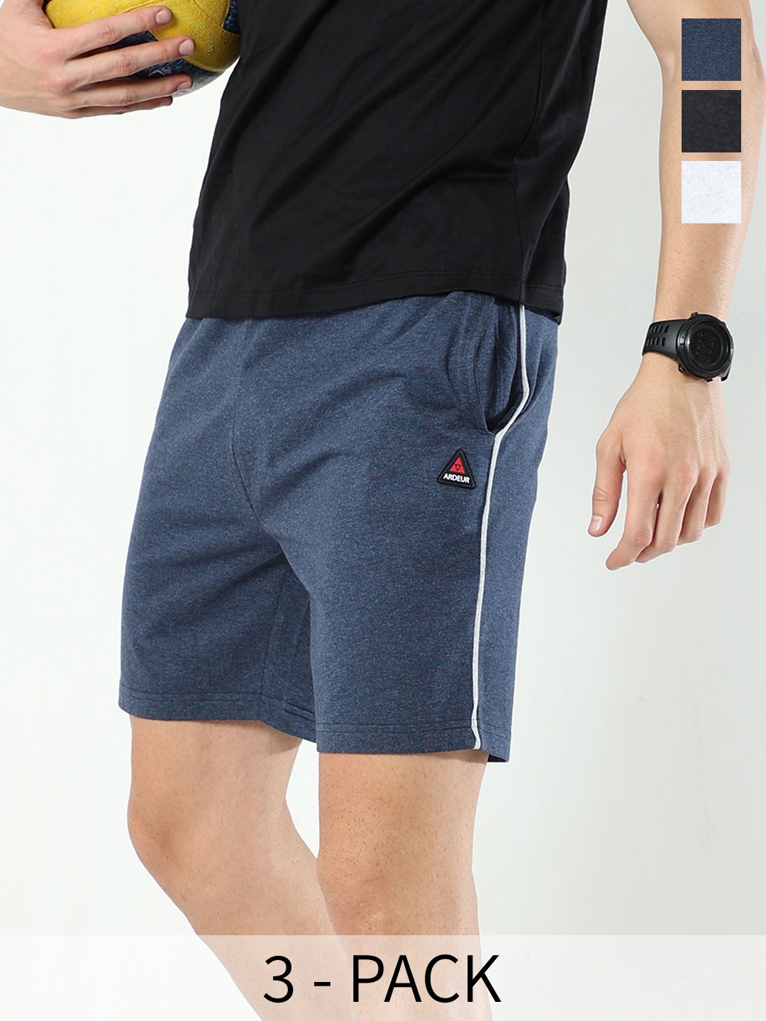 

ARDEUR Men Pack Of 3 Mid-Rise Cotton Sports Shorts, Charcoal