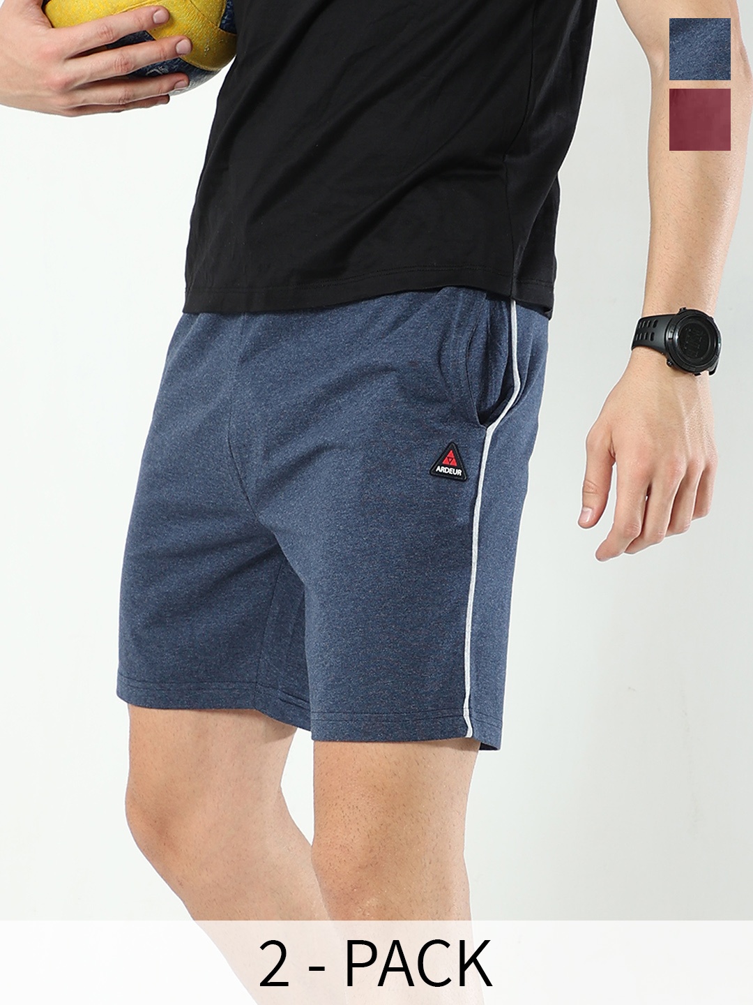 

ARDEUR Men Pack Of 2 Mid-Rise Cotton Sports Shorts, Blue