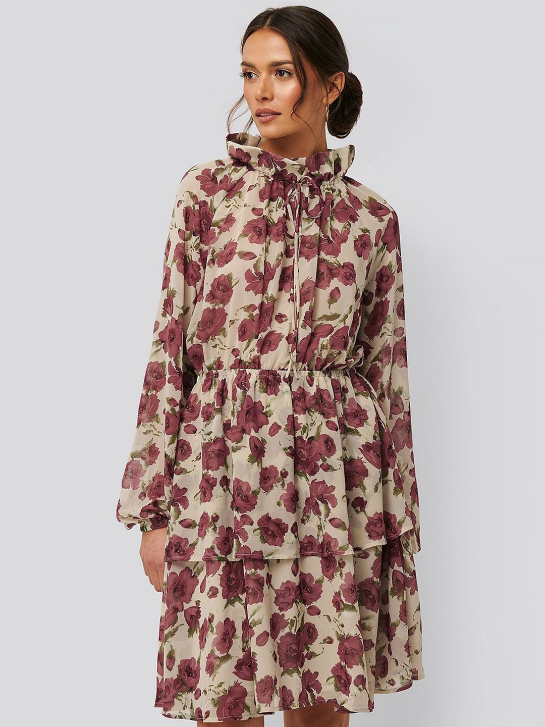 

TIRA Floral Print Tie-Up Neck Bell Sleeve Crepe A-Line Dress, Pink