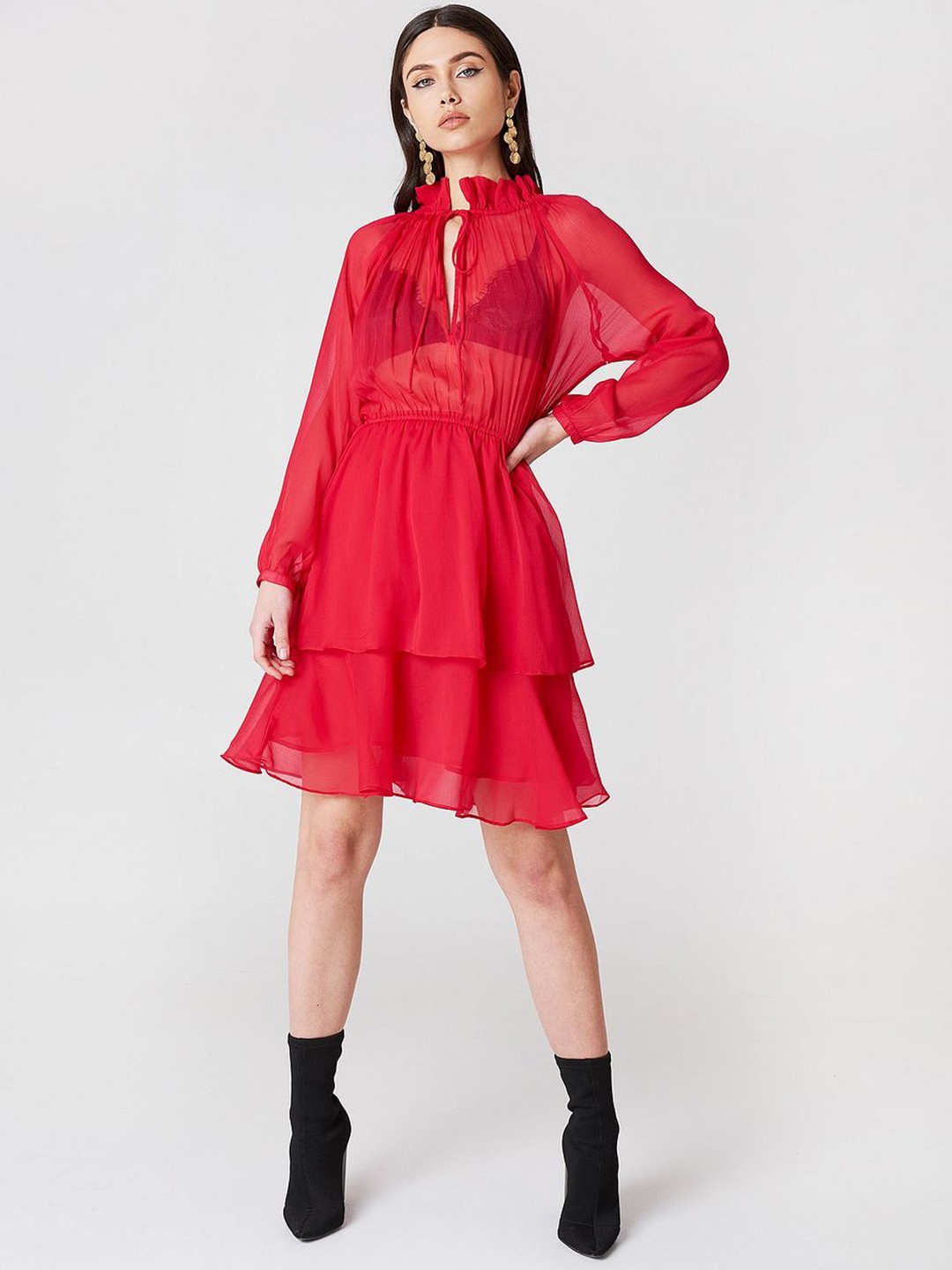 

TIRA Tie-Up Neck Puff Sleeve Chiffon Semi Sheer Layered Fit & Flare Dress, Red