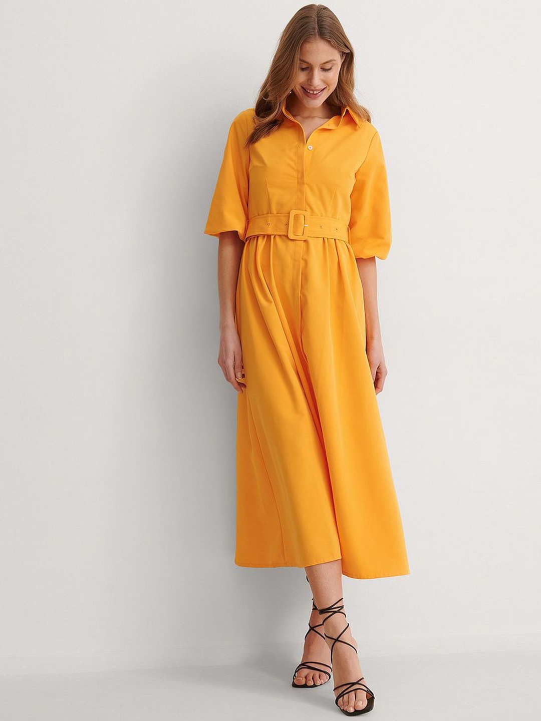 

TIRA Chiffon Shirt Collar A-Line Midi Shirt Dress, Orange