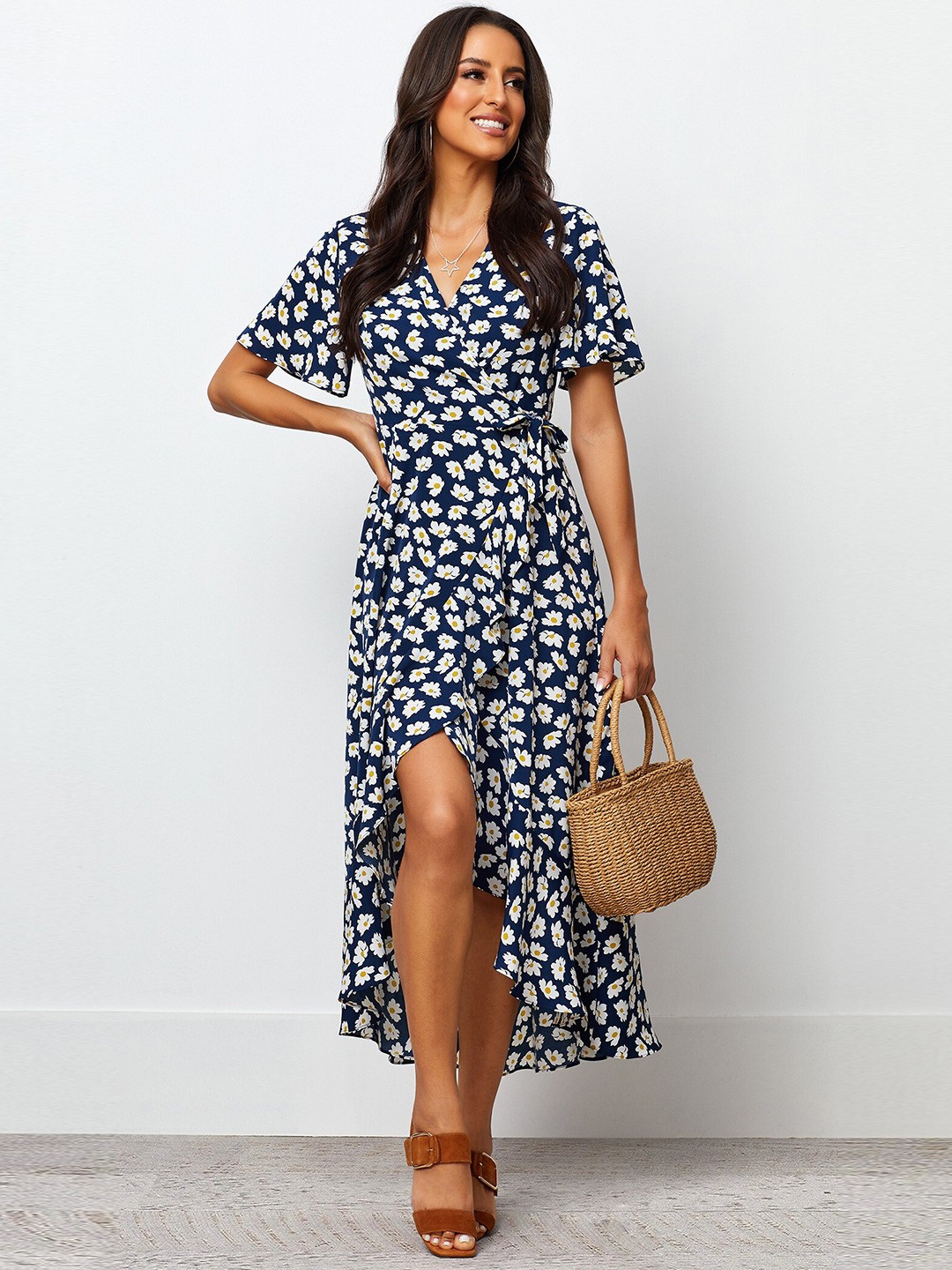 

TIRA Floral Print Flared Sleeve V-Neck Crepe Maxi Wrap Dress, Navy blue
